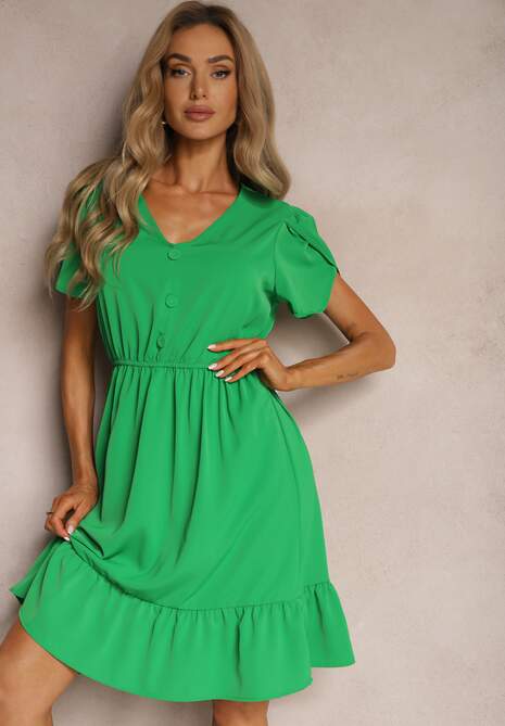 Zielona Sukienka z Gumką w Talii i Falbankami o Rozkloszowanym Fasonie Xelimia