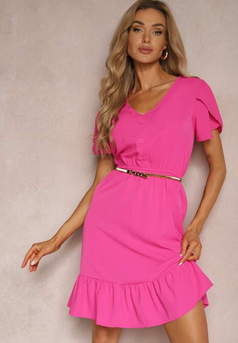 Rochie Fucsia cu Elastic în Talie și Volane cu Croială Cloș Xelimia 4