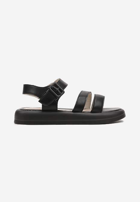 Sandale Negre din Piele cu Talpă Joasă și Cataramă Gamadea 4