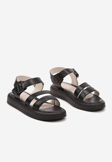 Sandale Negre din Piele cu Talpă Joasă și Cataramă Gamadea 5