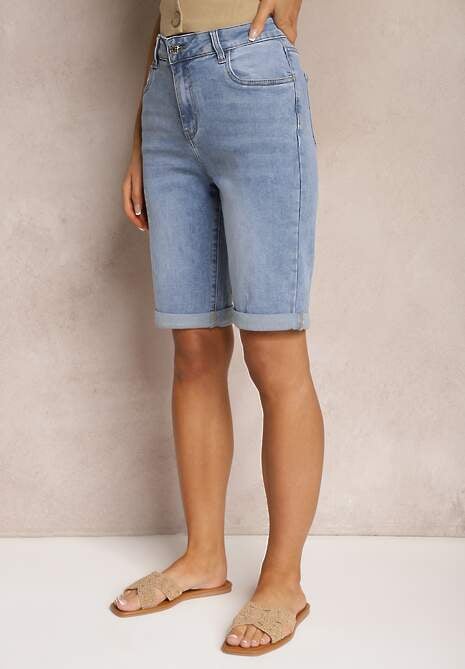 Niebieskie Szorty Jeansowe High Waist z Dodatkiem Bawełny i Przetarciami Nelvanis 4