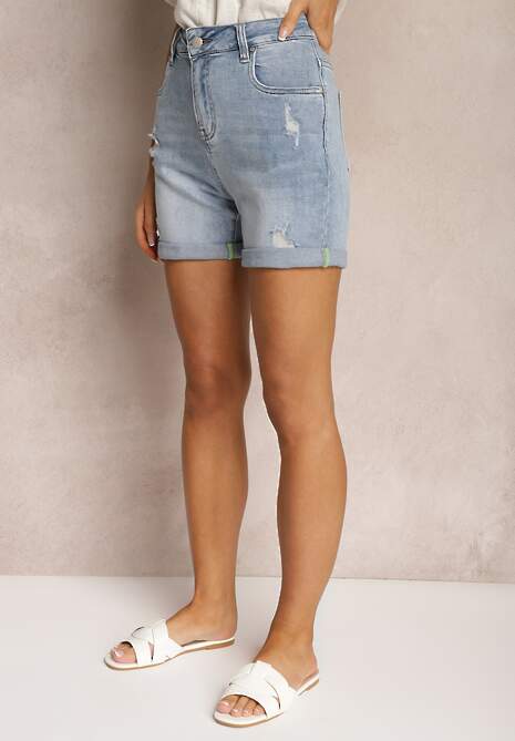 Niebieskie Jeansowe Szorty z Bawełny High Waist Wykończone Przetarciami Nellsine 4