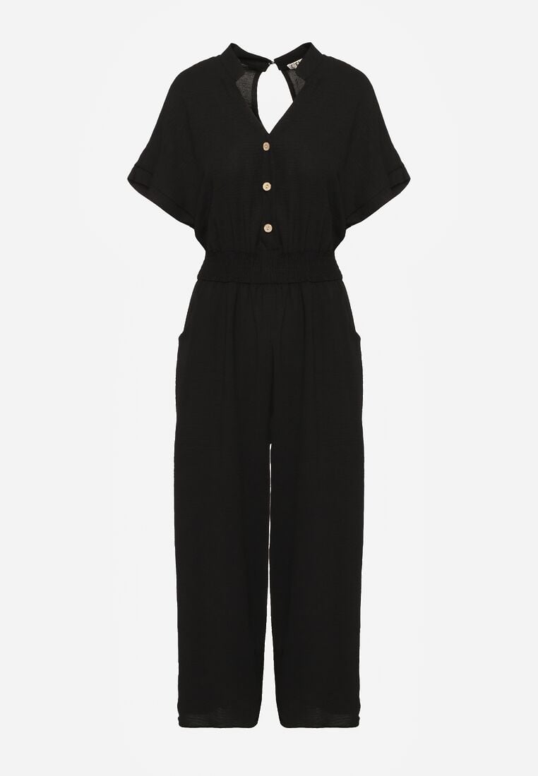 Czarny Taliowany Kombinezon z Wiskozy Zapinany na Guziki Frisea 6