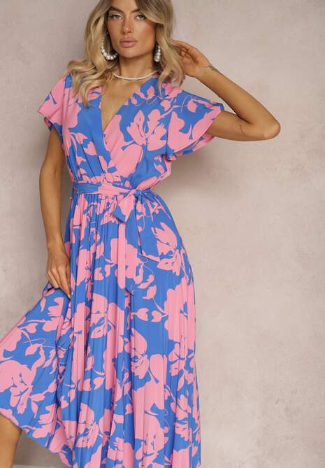 Rochie plisată tip plic de culoare albastru-roz, cocktail, cu elastic și curea în talie Benelsea 4