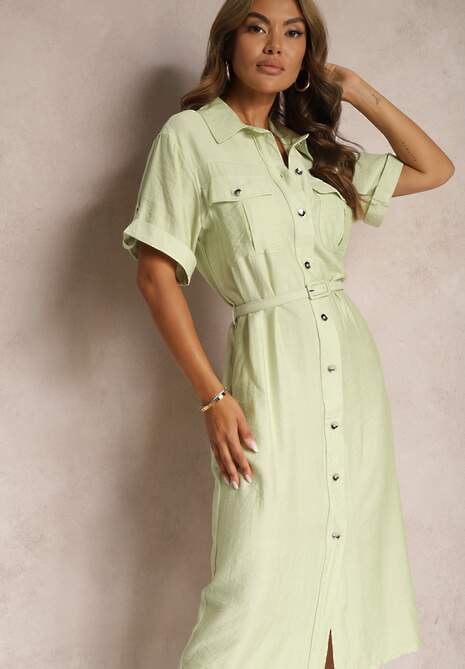 Rochie Verde din Viscoză cu Croi Cambrat cu Curea Nelsines 4