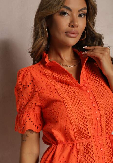 Rochie portocalie Boho din bumbac decorată cu model ajurat volan și curea Nelah 5