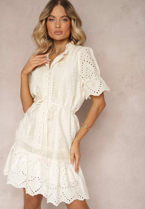 Rochie bej deschis Boho din bumbac cu model ajurat volan și curea Nelah 4