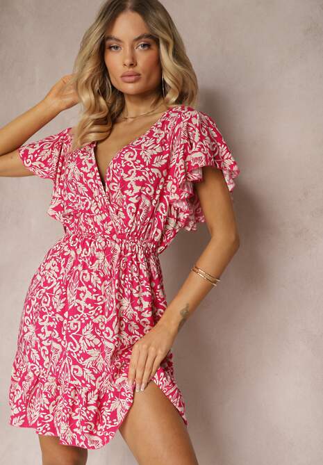 Rochie Fucsia din Bumbac cu Croi Clos Ornată cu Volane și Elastic în Talie Neliaura 4