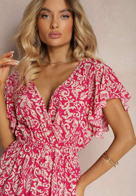 Rochie Fucsia din Bumbac cu Croi Clos Ornată cu Volane și Elastic în Talie Neliaura 5
