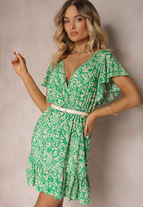 Rochie Verde din Bumbac cu Croi Clos Ornată cu Volane și Elastic în Talie Neliaura 5