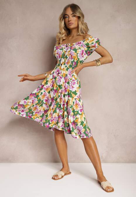 Rochie Vero-Roz Talia Imprimeu Floral din Bumbac cu Elastic in Talie si Nasturi Nelianne 4