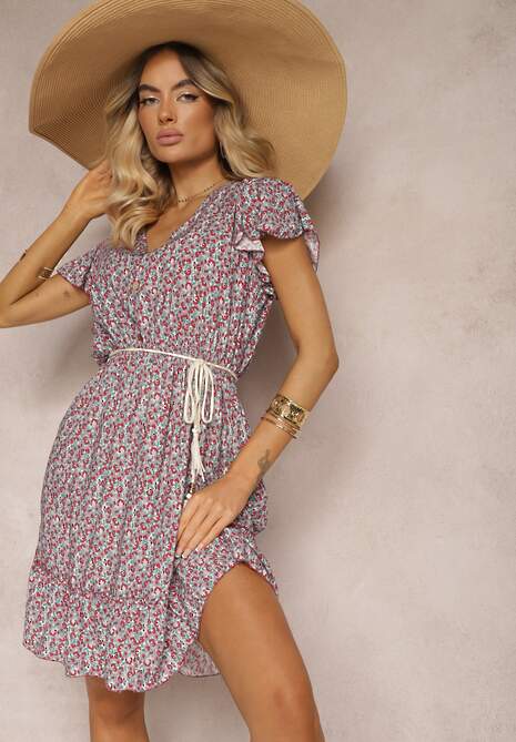 Rochie Bordo din Bumbac cu Flori cu Elastic în Talie Ornată cu Volane Neliera 4