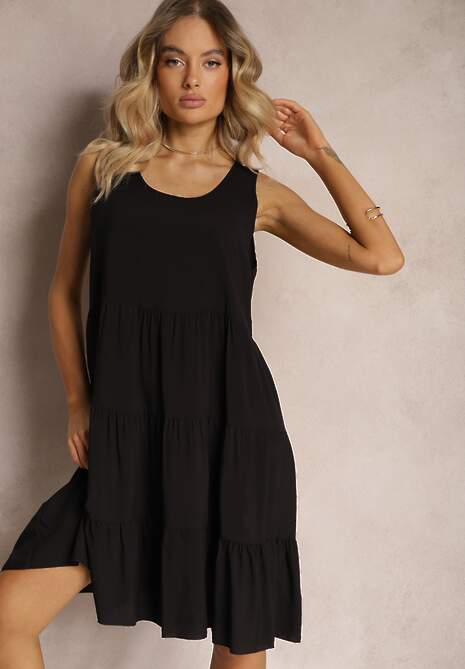Czarna Sukienka z Bawełny o Rozkloszowanym Kroju z Falbanami Nelyana 4