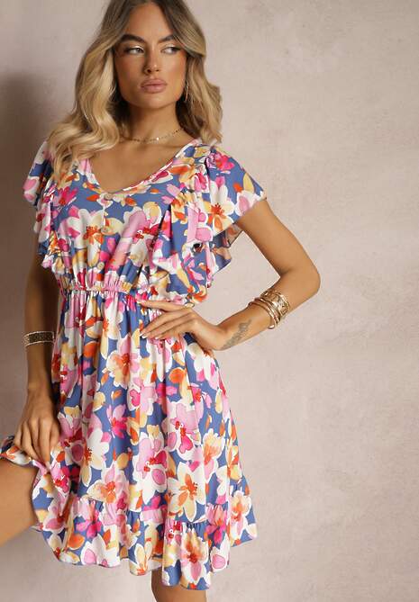 Rochie din Bumbac Clos cu Imprimeu Floral Albastru-Roz cu Volane la Umeri cu Elastic in Talie Nelova 4