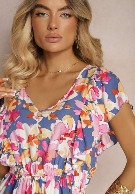 Rochie din Bumbac Clos cu Imprimeu Floral Albastru-Roz cu Volane la Umeri cu Elastic in Talie Nelova 5