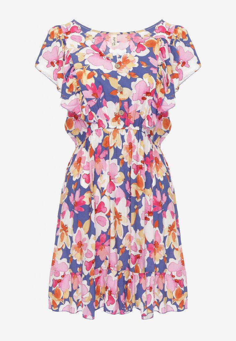 Niebiesko-Różowa Taliowana Bawełniana Sukienka w Kwiaty z Falbanami przy Ramionach z Gumką w Talii Nelova 6