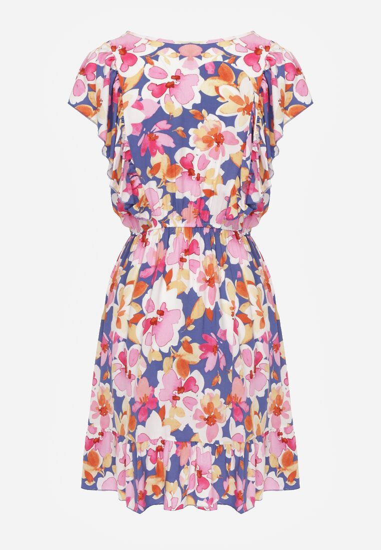 Niebiesko-Różowa Taliowana Bawełniana Sukienka w Kwiaty z Falbanami przy Ramionach z Gumką w Talii Nelova 7