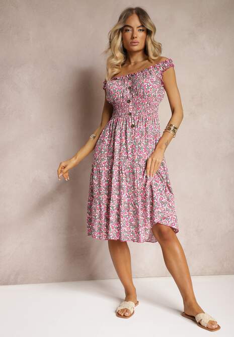 Rochie roz cu talie evazată din bumbac cu elastic în talie Nelyssa 4