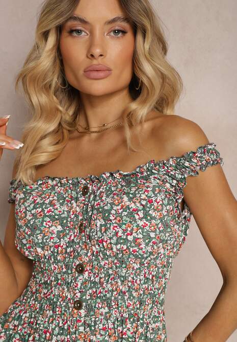 Rochie verde-roz clos din bumbac cu elastic in talie Nelyssa 5