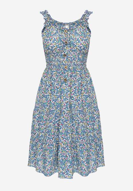 Rochie Albastră din Bumbac cu Croi în Cloș și Elastic în Talie Nelyssa 6