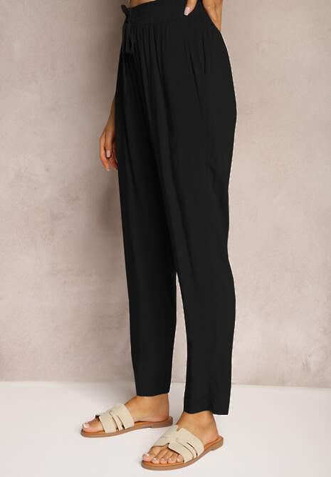 Czarne Spodnie Paper Bag High Waist z Bawełny z Gumką w Talii Emorea 4