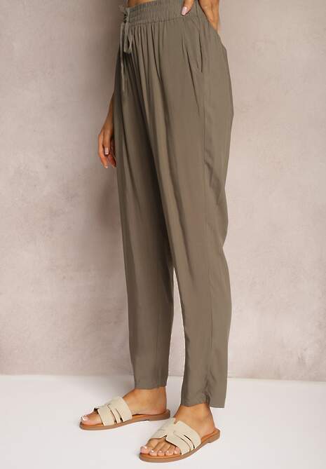 Pantaloni bej închis Paper Bag talie înaltă din bumbac cu elastic în talie Emorea 4