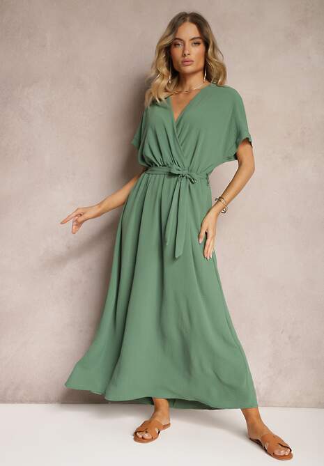Zielona Taliowana Sukienka z Wiskozą z Kopertowym Dekoltem Paskiem i Gumką w Talii Henelsea