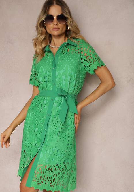 Rochie Verde Cămașă Ajurată Cu Fundă În Talie Lonnija 4