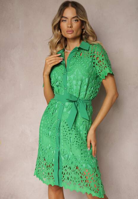 Zielona Ażurowa Sukienka Koszulowa Wiązana w Pasie Lonnija