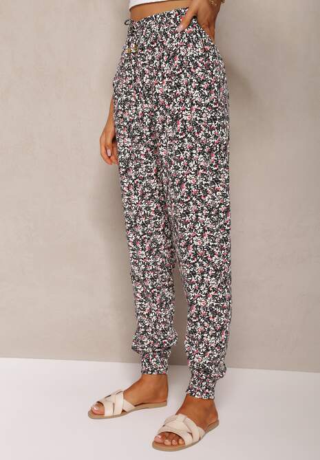 Czarno-Różowe Wiskozowe Spodnie High Waist z Gumką w Talii Amnena 4