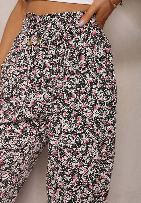Czarno-Różowe Wiskozowe Spodnie High Waist z Gumką w Talii Amnena 5