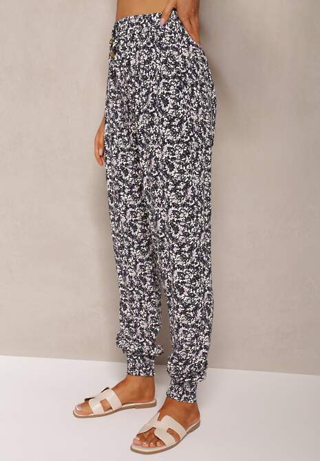 Granatowo-Różowe Wiskozowe Spodnie High Waist z Gumką w Talii Amnena 4