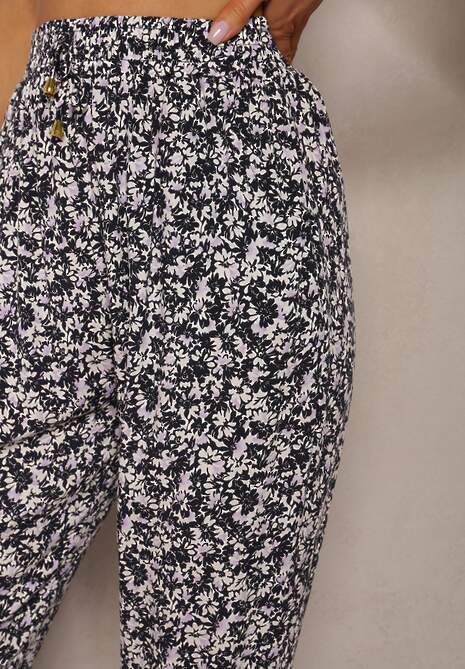 Granatowo-Różowe Wiskozowe Spodnie High Waist z Gumką w Talii Amnena 5