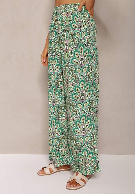 Zielone Boho Spodnie z Wiskozy High Waist z Szerokimi Nogawkami i Gumką w Pasie Walnena 4