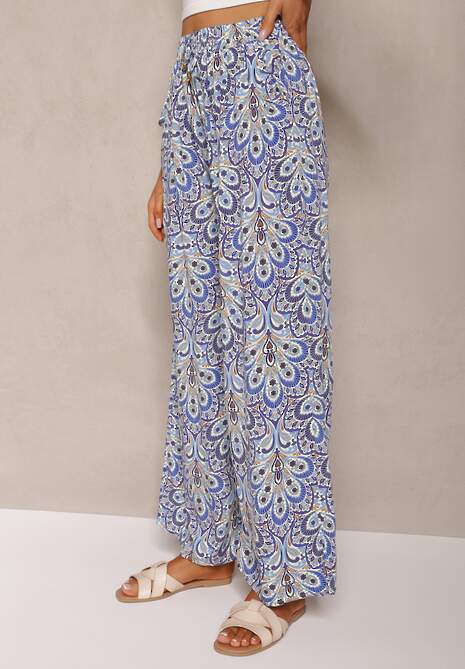 Niebieskie Boho Spodnie z Wiskozy High Waist z Szerokimi Nogawkami i Gumką w Pasie Walnena 4