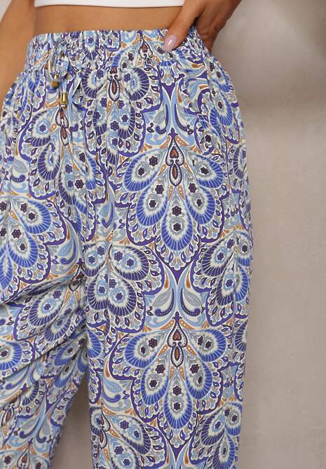 Niebieskie Boho Spodnie z Wiskozy High Waist z Szerokimi Nogawkami i Gumką w Pasie Walnena 5