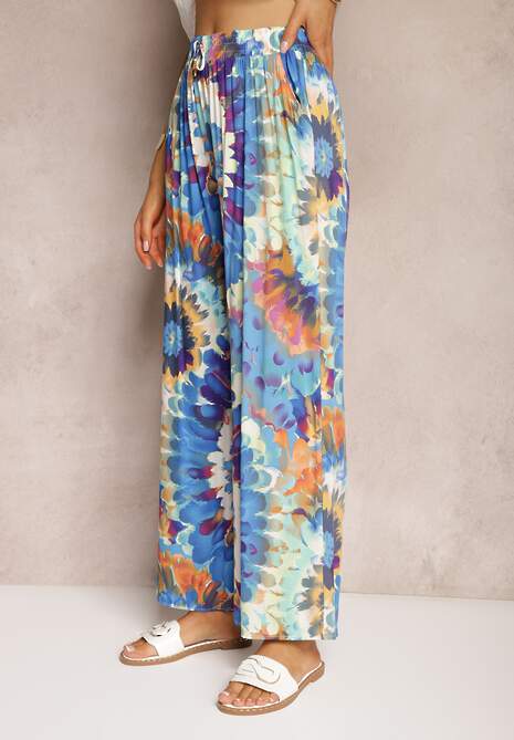Pantaloni albaștri din viscoză cu croială largă talie înaltă tie dye cu elastic în talie Nalflea 4