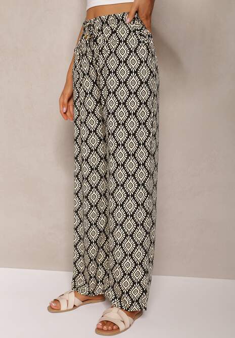 Czarno-Beżowe Szerokie Spodnie z Wiskozy High Waist w Geometryczny Wzór z Gumką w Talii Rivanorie 4