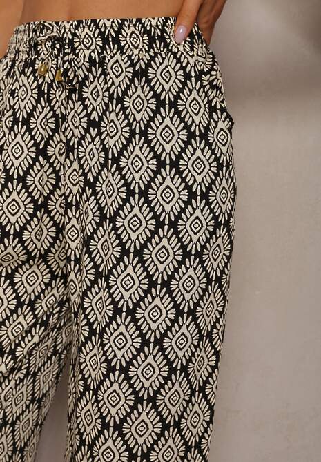 Czarno-Beżowe Szerokie Spodnie z Wiskozy High Waist w Geometryczny Wzór z Gumką w Talii Rivanorie 5