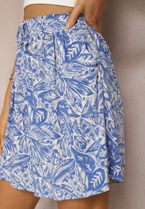 Niebieskie Szorty z Wiskozy o Luźnym Kroju High Waist Wykończone Gumką w Pasie Nellania 5