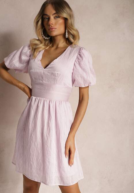 Rochie roz Talia Imprimeu Bumbac Fermoar Mâneci Bufante Malfea 4