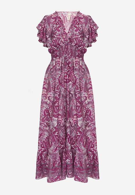 Fioletowa Bawełniana Sukienka Paisley z Kopertowym Dekoltem z Falbaną i Gumką w Talii Brionea 6