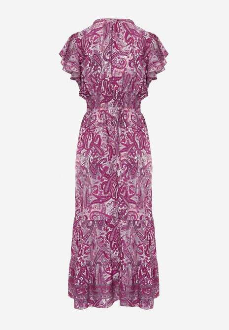 Fioletowa Bawełniana Sukienka Paisley z Kopertowym Dekoltem z Falbaną i Gumką w Talii Brionea 7