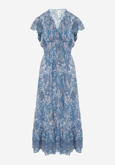 Rochie Bleumarin din Bumbac cu Imprimeu Paisley Decolteu în V cu Volane și Elastic în Talie Brionea 6