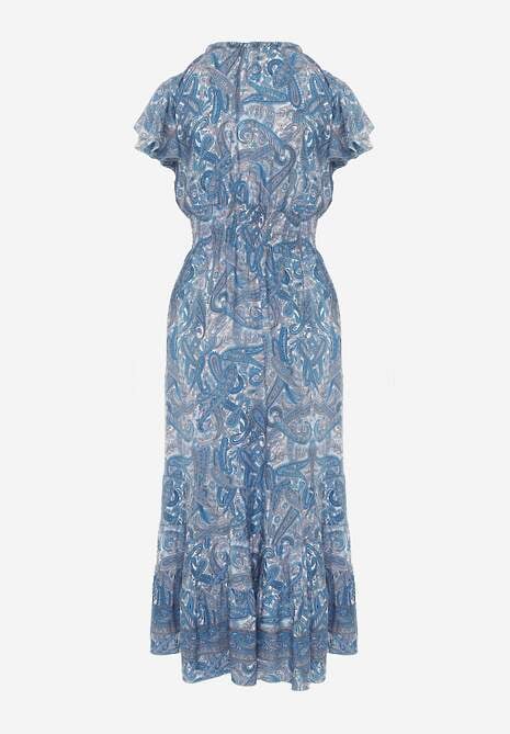 Rochie Bleumarin din Bumbac cu Imprimeu Paisley Decolteu în V cu Volane și Elastic în Talie Brionea 7