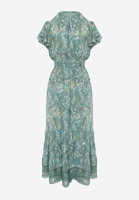 Rochie Verde din Bumbac cu Model Paisley Decolteu Înfășurat cu Volan și Elastic în Talie Brionea 7