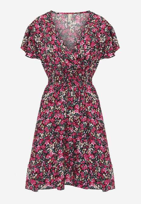 Czarno-Różowa Sukienka z Bawełny w Drobne Kwiaty z Kopertowym Dekoltem i Gumką w Talii Calnea 6