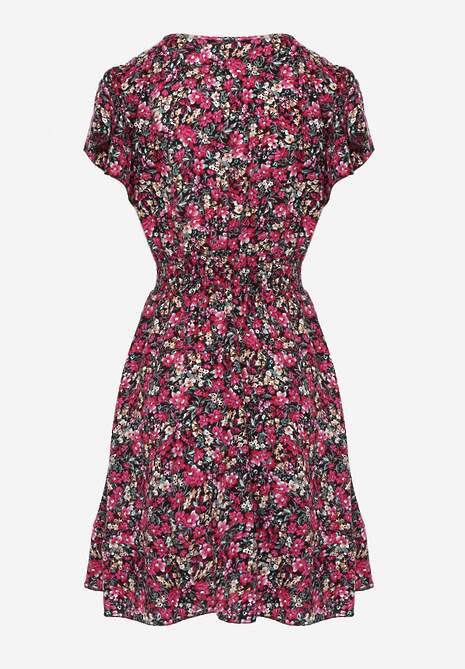 Czarno-Różowa Sukienka z Bawełny w Drobne Kwiaty z Kopertowym Dekoltem i Gumką w Talii Calnea 7