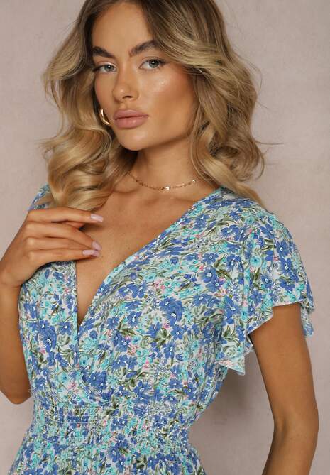 Rochie albastră din bumbac cu imprimeu floral mic, decolteu tip portfard și elastic în talie Calnea 5