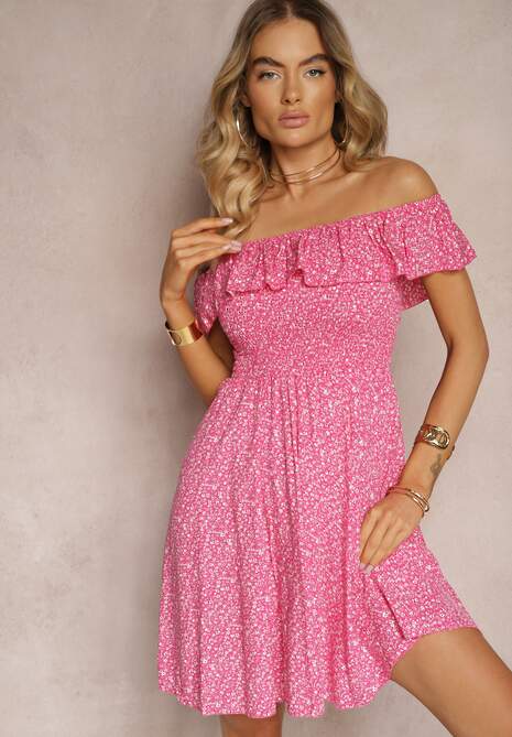 Rochie Fucsia Florală Spaniolă din Bumbac cu Elastic în Talie Nevima 4